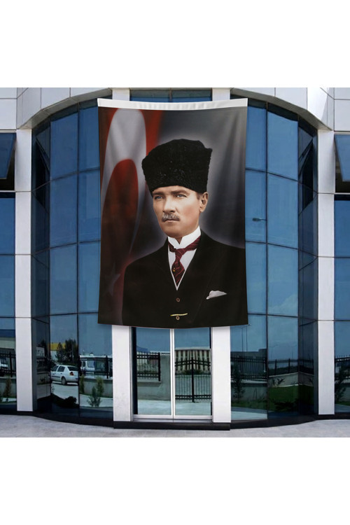 Kalpaklı Mustafa K.Atatürk ve Türk Bayrağı Poster Bayrak Raşel Kumal 4x6 metre ATA4