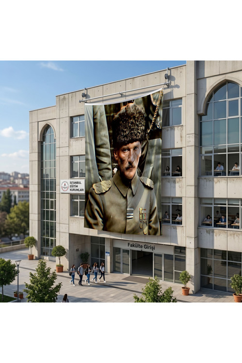 Kalpaklı Üniformalı Atatürk Poster Bayrak Raşel Kumaş 6x9 metre ATA54