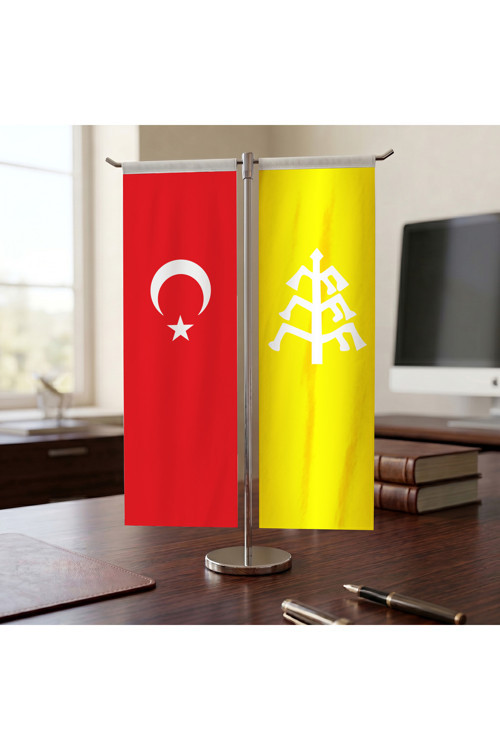 Karahanlılar Devlet ve Türk Bayrağı Kırlangıç T tipi Masa Bayrak Takımı