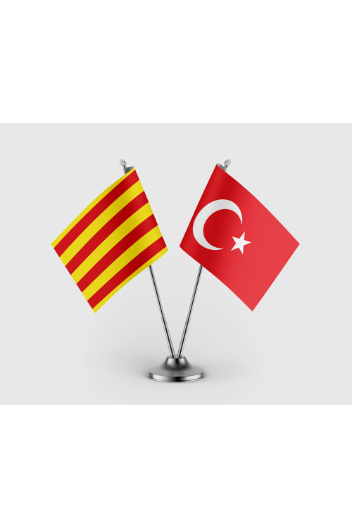 Katalonya Bayrağı ve Türkiye Bayrağı İkili Saten Masa Bayrağı Takımı