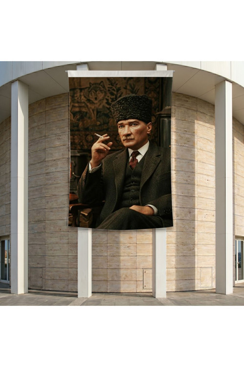 Kalpaklı Mustafa Kemal Atatürk Portresi Poster Bayrak Premium Raşel Kumaş ATA70 2x3m