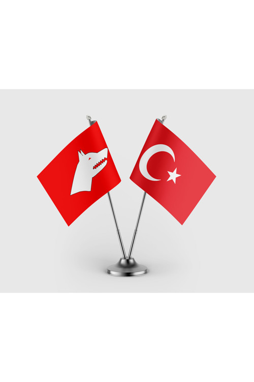 Kırmızı Göktürk ve Türkiye Bayrağı İkili Saten Masa Bayrağı Takımı
