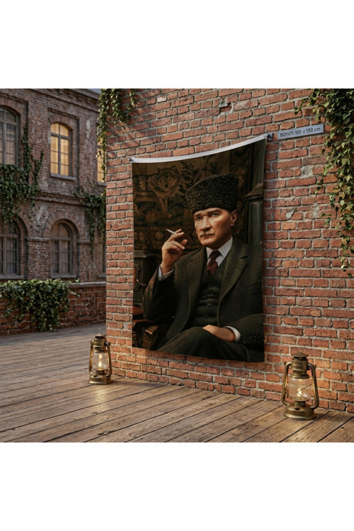 Kalpaklı Mustafa Kemal Atatürk Portresi poster Bayrak Raşel Kumaş 100x150 cm ATA70