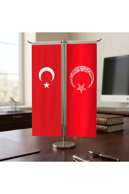 Kelime-i Tevhid Ayyıldız Kırmızı ve Türk Bayrağı Kırlangıç T tipi Masa Bayrak Takımı