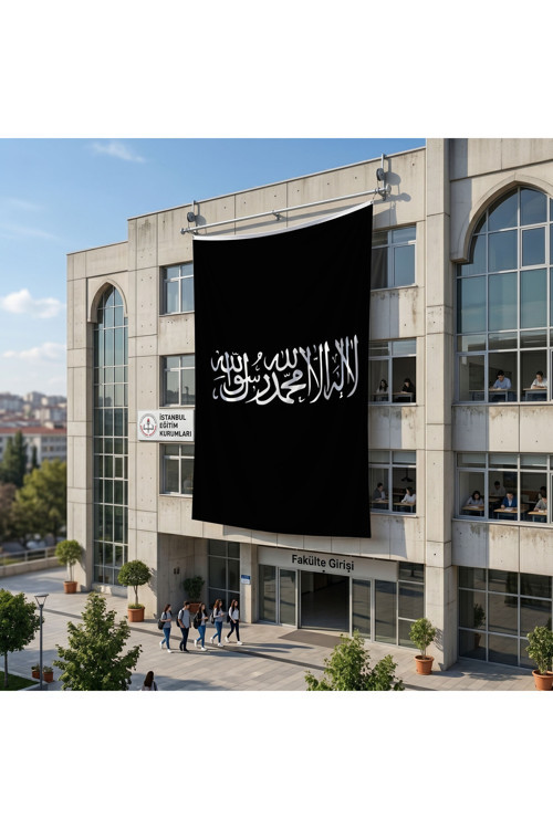 Kelime-i Tevhid Siyah Bayrak 140gr Premium Raşel Kumaş 6x9 metre