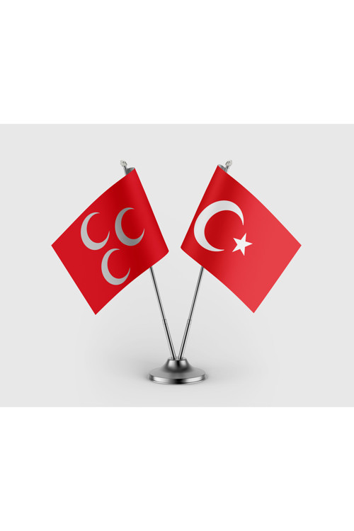 Kırmızı Üç Hilal ve Türk Bayrağı İkili Saten Masa Bayrağı Takımı