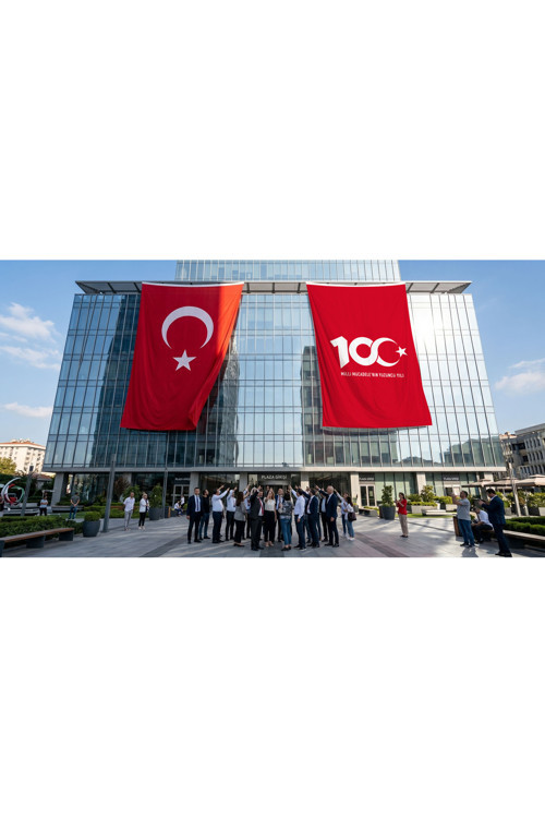 Kırmızı Türkiye Cumhuryetinin 100.Yılı Bayrak ve Türk Bayrağı Premium Raşel Kumaş 2'li Set 10x15 metre ATA53