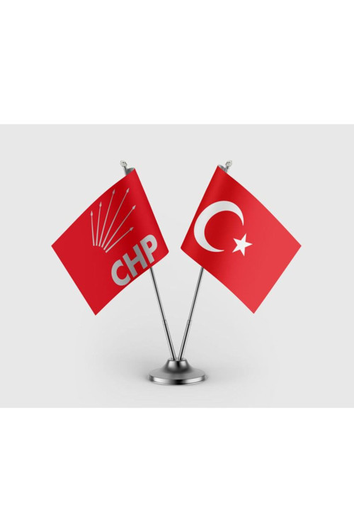 Kırmızı CHP ve Türk Bayrağı İkili Saten Masa Bayrağı Takımı
