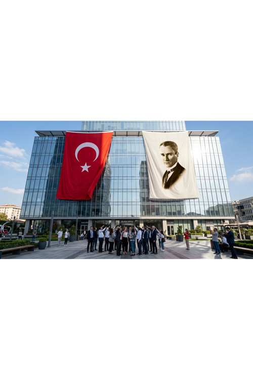 Kravatlı Takım Elbiseli Gazi Mustafa Kemal Atatürk Bayrak ve Türk Bayrağı Premium Raşel Kumaş 2'li Set 10x15 metre ATA31