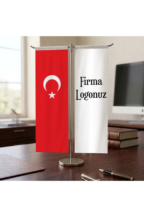 Kişiye Özel Logonuz ve Türk Bayrağı Kırlangıç T tipi Masa Bayrak Takımı