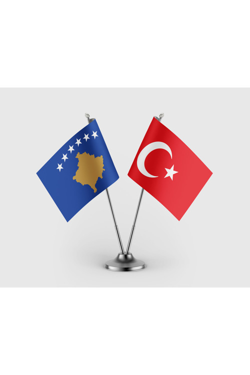 Kosova Bayrağı ve Türk Bayrağı İkili Saten Masa Bayrağı Takımı