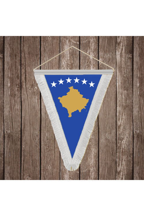 Kosova Cumhuriyeti Beyaz Saçaklı Üçgen Flama Bayrak Hatıra Flama