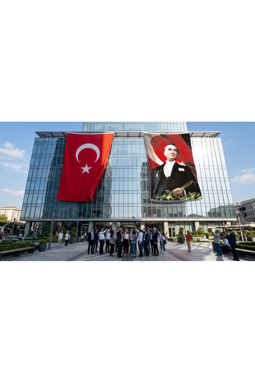 Mustafa Kemal Atatürk Altın İmzalı Bayrak ve Türk Bayrağı Premium Raşel Kumaş 2'li Set 10x15 metre ATA14