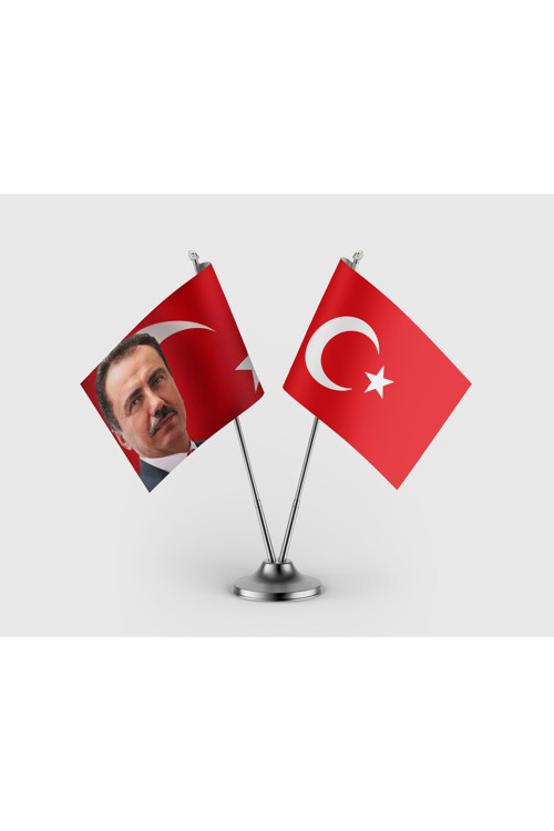 Muhsin Yazıcıoğlu ve Türk Bayrağı İkili Saten Masa Bayrağı Takımı