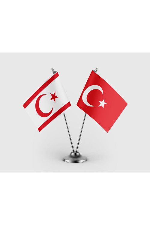 Kuzey Kıbrıs Türk Cumhuriyeti ve Türk Bayrağı İkili Saten Masa Bayrağı Takımı