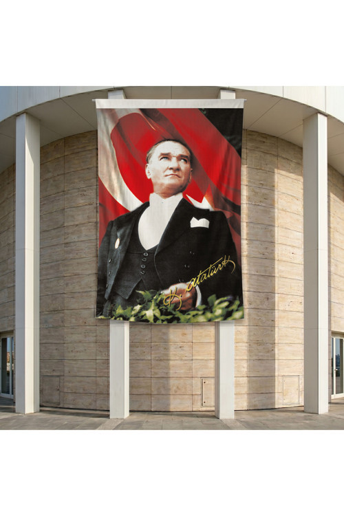 Mustafa Kemal Atatürk Altın İmzalı Poster Bayrak Premium Raşel Kumaş ATA14 2x3m