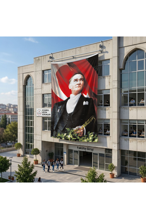 Mustafa Kemal Atatürk Altın İmzalı Poster Bayrak Raşel Kumaş 6x9 metre ATA14