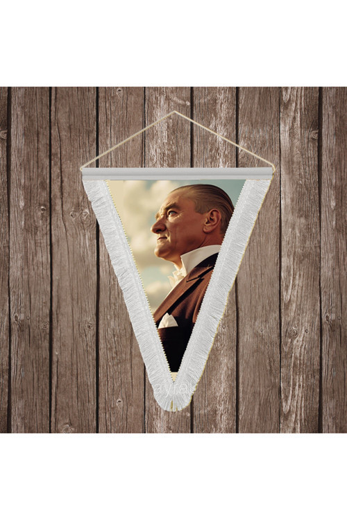 Mustafa Kemal Atatürk Yan Portre Beyaz Saçaklı Üçgen Flama Bayrak Hatıra Flama ATA71