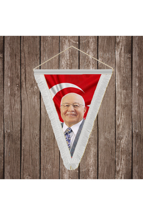 Necmettin Erbakan Beyaz Saçaklı Üçgen Flama Bayrak Hatıra Flama