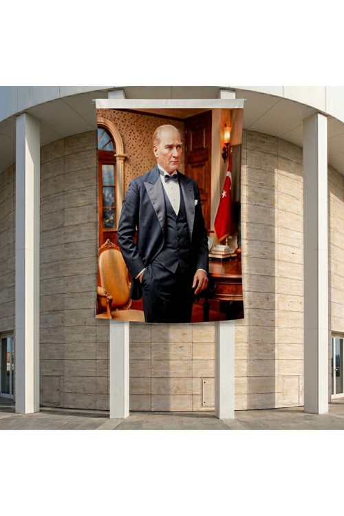 Mustafa Kemal Atatürk Takım Elbiseli Poster Bayrak Premium Raşel Kumaş ATA47 2x3m