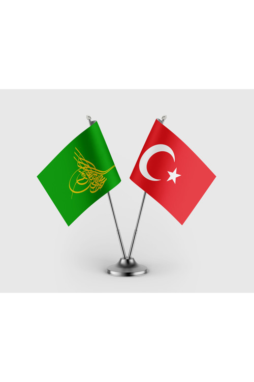 Osmanlı Tuğrası Yeşil ve Türk Bayrağı İkili Saten Masa Bayrağı Takımı