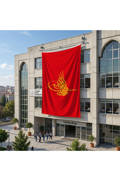 Osmanlı Tuğrası Kırmızı Bayrak 140gr Premium Raşel Kumaş 6x9 metre