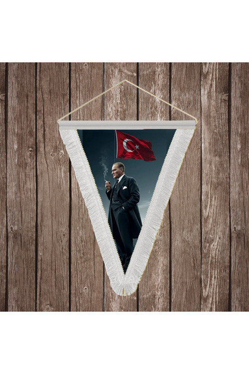 Mustafa Kemal Atatürk ve Türk Bayrağı Beyaz Saçaklı Üçgen Flama Bayrak Hatıra Flama ATA61