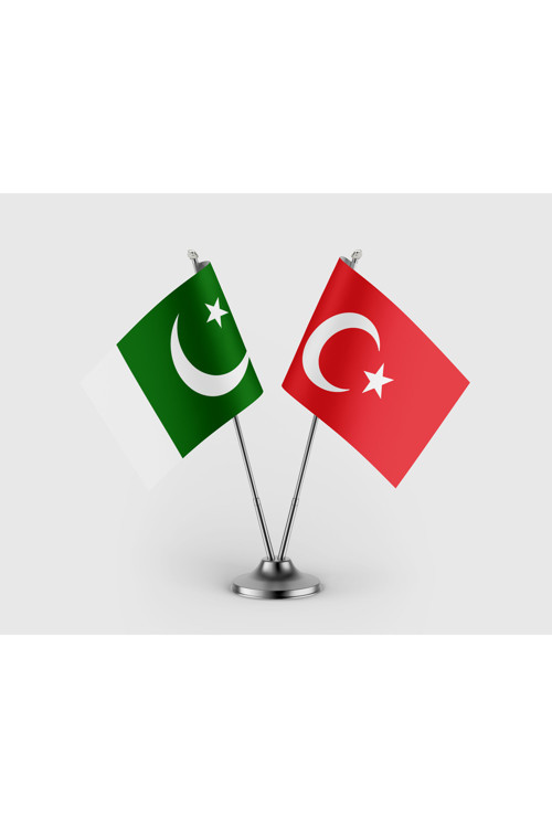 Pakistan Bayrağı ve Türk Bayrağı İkili Saten Masa Bayrağı Takımı