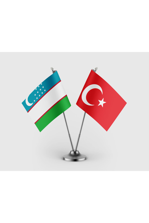 Özbekistan ve Türkiye Bayrağı İkili Saten Masa Bayrağı Takımı