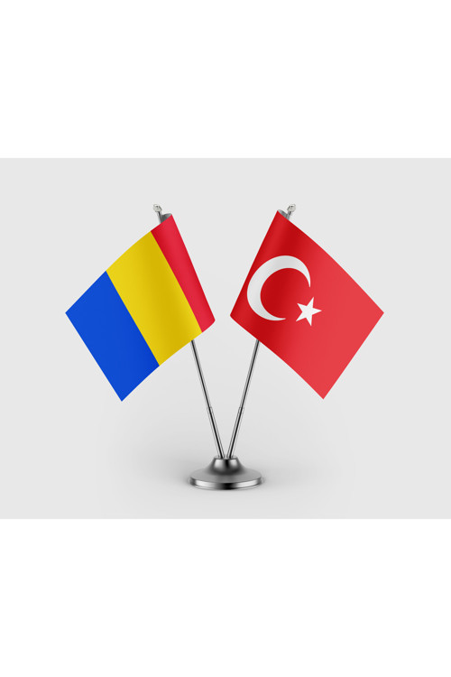 Romanya Bayrağı ve Türk Bayrağı İkili Saten Masa Bayrağı Takımı