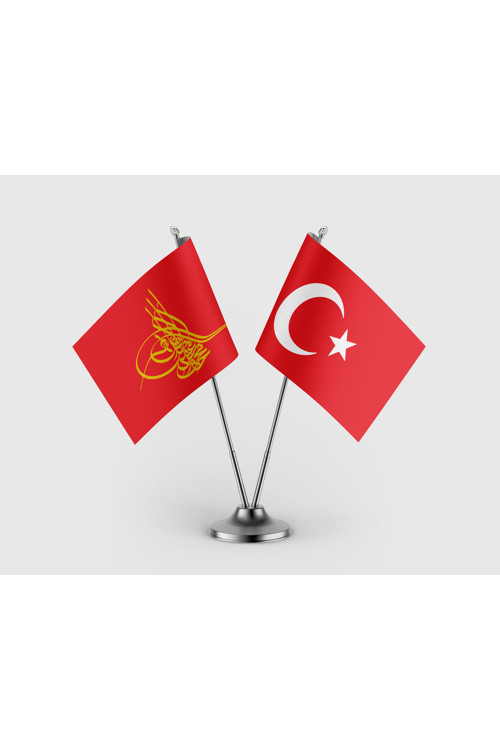 Osmanlı Tuğrası ve Türkiye Bayrağı İkili Saten Masa Bayrağı Takımı