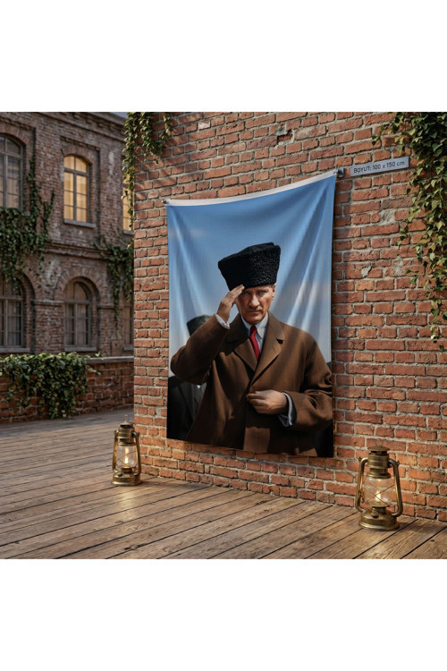 Selam Veren Atatürk Portresi poster Bayrak Raşel Kumaş 100x150 cm ATA85