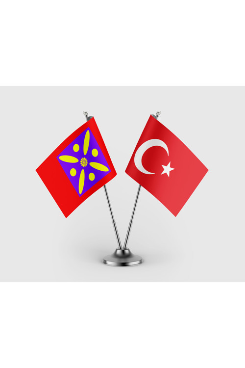 Sasani İmparatorluğu ve Türk Bayrağı İkili Saten Masa Bayrağı Takımı