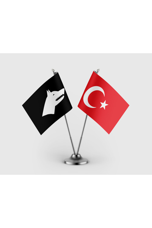 Siyah Göktürk Bayrağı ve Türk Bayrağı İkili Saten Masa Bayrağı Takımı