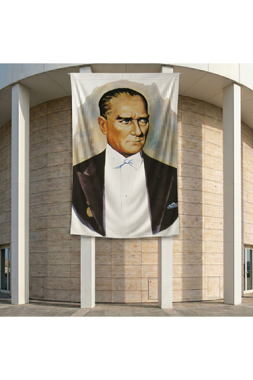 Sivil Takım Elbiseli Atatürk Poster Bayrak Premium Raşel Kumaş ATA23 2x3m