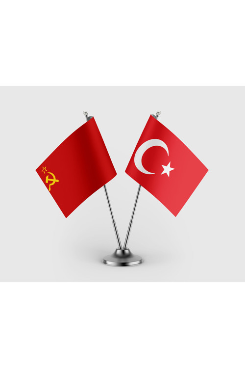 Sovyetler Birliği ve Türk Bayrağı İkili Saten Masa Bayrağı Takımı