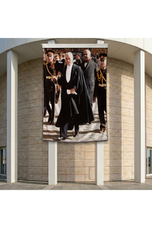 Siyah Takım Elbiseli Atatürk Poster Bayrak Premium Raşel Kumaş ATA21 2x3m
