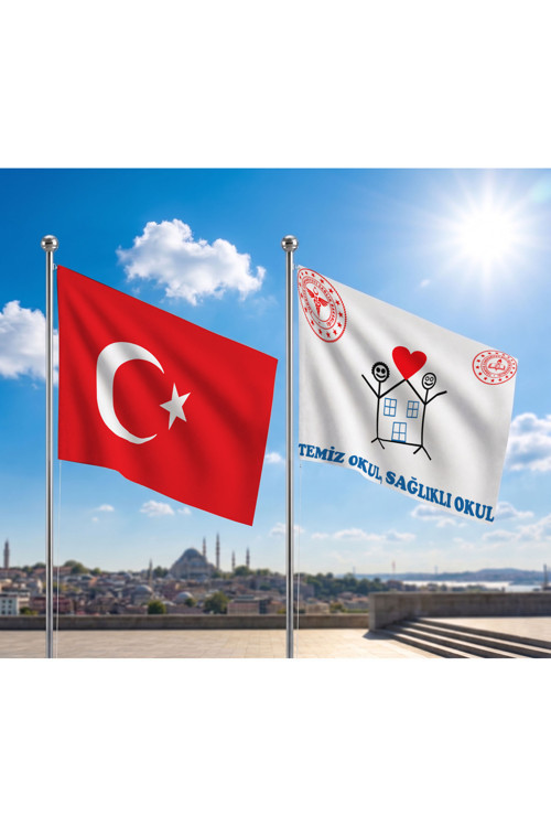 Temiz Okul Bayrağı ve Alpaka Kumaş Türk Bayrağı 2'li Set 70x105cm