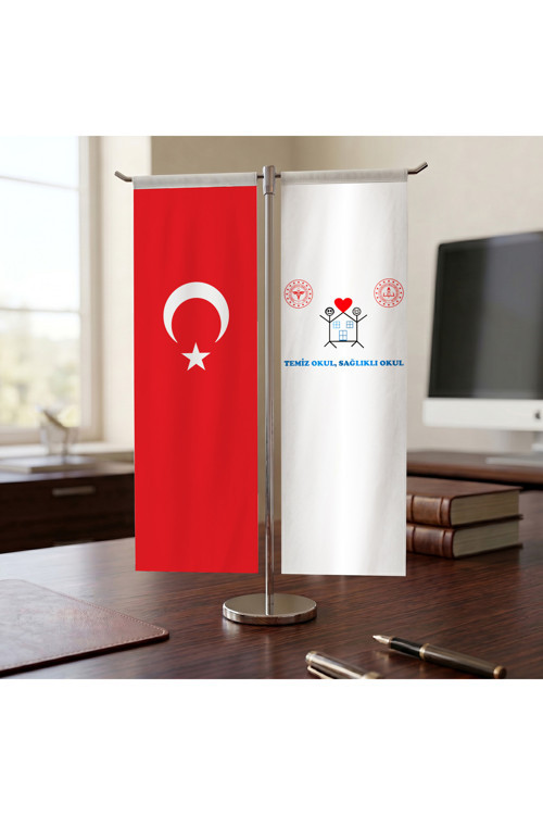 Temiz Okul Sağlıklı Okul ve Türk Bayrağı Kırlangıç T tipi Masa Bayrak Takımı