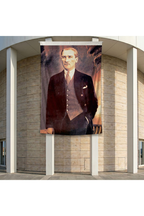 Takım Elbiseli Eli Cebinde Atatürk Poster Bayrak Premium Raşel Kumaş ATA29 2x3m