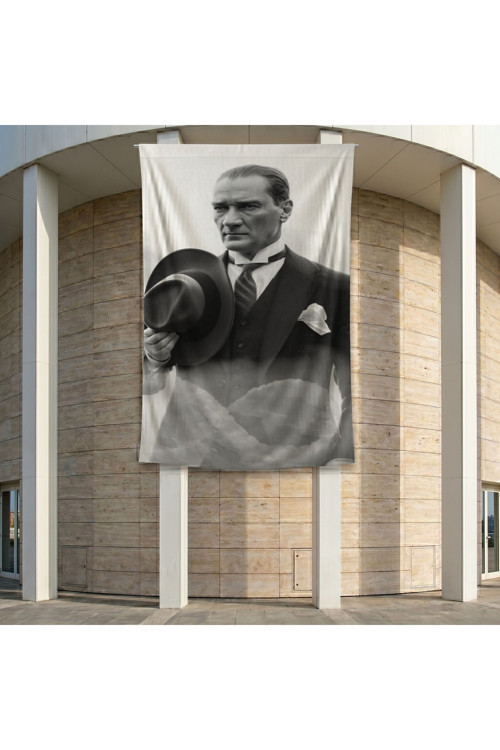 Takım Elbiseli Ulu Önder Gazi Mustafa Kemal Atatürk Poster Bayrak Premium Raşel Kumaş ATA69 2x3m