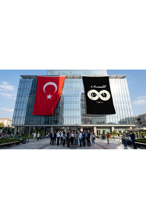 Unutmadık Yazılı Sonsuz İşaretli Atatürk Anma Bayrağı Bayrak ve Türk Bayrağı Premium Raşel Kumaş 2'li Set 10x15 metre ATA48