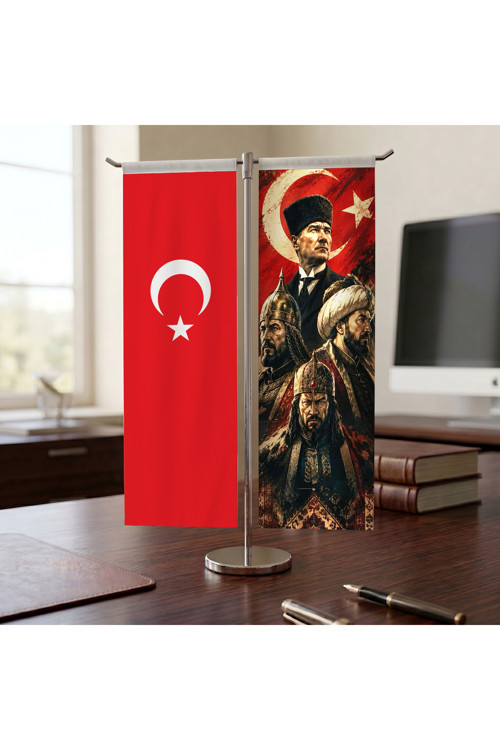 Türk Liderleri ve Türk Bayrağı Kırlangıç T tipi Masa Bayrak Takımı