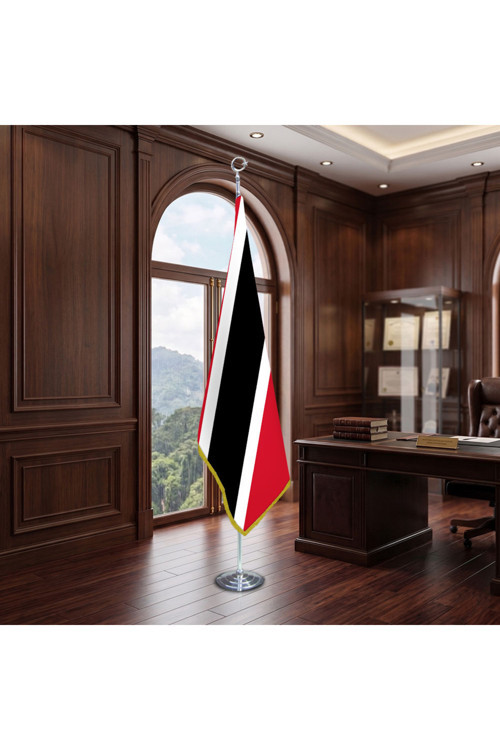 Trinidad ve Tobago Direkli - Altın Saçaklı Saten Makam Bayrağı Seti (Krom Direk)