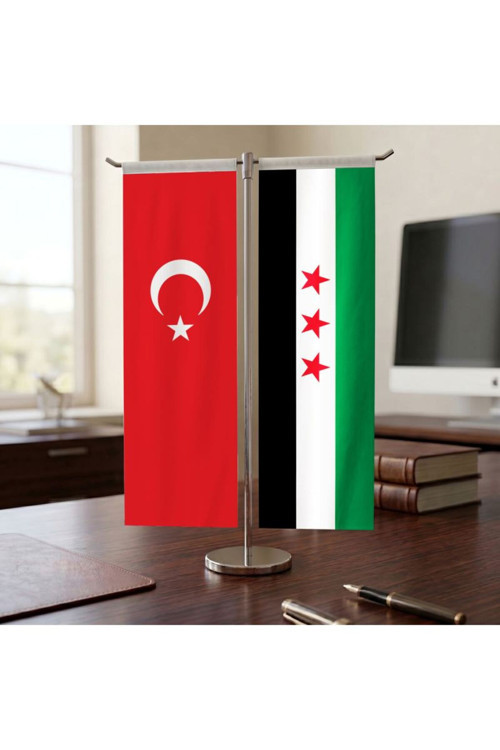 Yeni Suriye Bayrağı ve Türk Bayrağı Kırlangıç T tipi Masa Bayrak Takımı