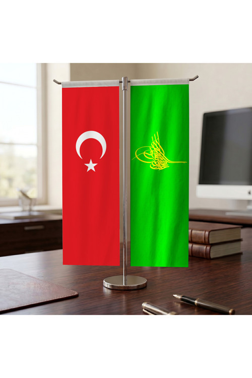 Yeşil Osmanlı Tuğrası ve Türk Bayrağı Kırlangıç T tipi Masa Bayrak Takımı