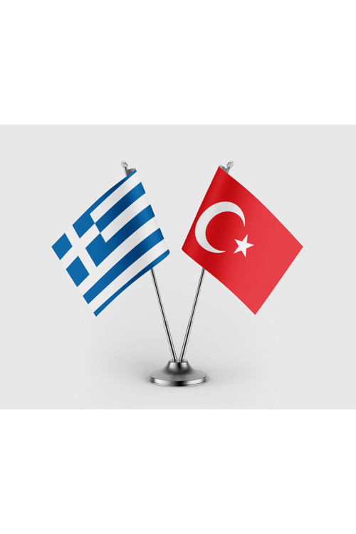 Yunanistan Bayrağı ve Türk Bayrağı İkili Saten Masa Bayrağı Takımı