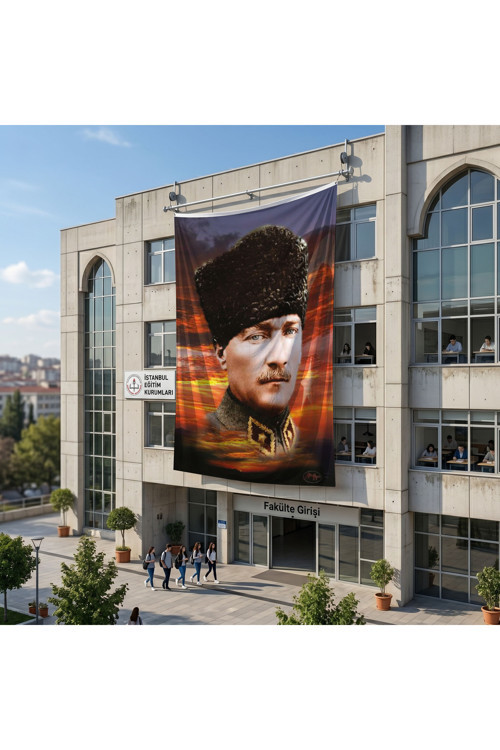 Üniformalı Kalpaklı Gazi Mustafa Kemal Atatürk Poster Bayrak Raşel Kumaş 6x9 metre ATA20