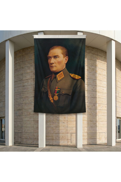 Üniformalı Gazi Mustafa Kemal Atatürk Poster Bayrak Premium Raşel Kumaş ATA9 2x3m