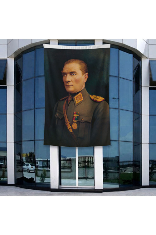 Üniformalı Gazi Mustafa Kemal Atatürk Poster Bayrak Raşel Kumal 4x6 metre ATA9